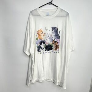 Kittens Floral Graphic Tee Oversized White 5XL Cottagecore Cat Lover Shirt